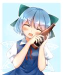  arms_up beer_bottle blue_background blue_dress blue_hair blush bottle bottle_to_cheek bow cirno closed_eyes commentary_request dress eyebrows_visible_through_hair facing_viewer hair_between_eyes hair_bow head_tilt holding holding_bottle ice ice_wings open_mouth pinafore_dress pokio puffy_short_sleeves puffy_sleeves red_neckwear red_ribbon ribbon shiny shiny_hair shirt short_hair short_sleeves simple_background solo touhou upper_body white_shirt wings 