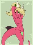  2017 anthro apes claws clove_vaughn clover digital_media_(artwork) dragon erection girly hair hi_res horn humanoid_penis looking_at_viewer male nude penis scalie simple_background smile solo tucking 
