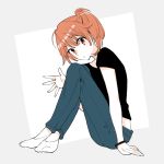  ankle_socks arm_support black_shirt commentary_request flat_color from_side koito_rei looking_at_viewer nakatani_nio no_shoes orange_eyes orange_hair outstretched_hand pants shirt short_sleeves side_ponytail solo wristband yagate_kimi_ni_naru 