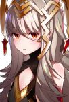  cleavage_cutout closed_mouth commentary_request crown fire_emblem fire_emblem_heroes grey_hair highres long_hair red_eyes ringozaka_mariko simple_background solo veronica_(fire_emblem) white_background 