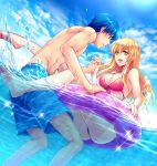  bikini blonde_hair blue_eyes blue_hair blue_sky breasts buoy cloud couple day feet finn_(fire_emblem) fire_emblem fire_emblem:_seisen_no_keifu hetero holding holding_hands innertube interlocked_fingers jpeg_artifacts lachesis_(fire_emblem) large_breasts long_hair ocean outdoors shorts sidelocks sky smile soles sparkle swimming swimsuit toes tori_ko water yellow_eyes 