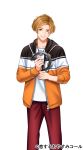  brown_eyes brown_hair gejang_beat highres holding holding_instrument instrument jacket jewelry looking_at_viewer male_focus necklace official_art pants red_pants smile solo standing tambourine watermark wii_hola zipper 