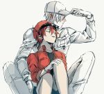  1girl ae-3803 amamli cabbie_hat closed_eyes gloves hat hataraku_saibou jacket lying_on_person red_blood_cell_(hataraku_saibou) red_hair red_jacket shirt short_hair shorts simple_background smile u-1146 uniform white_blood_cell_(hataraku_saibou) 