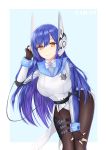  absurdres belt blue_hair breasts commentary_request fingerless_gloves girls_frontline gloves goldred-cheng hair_between_eyes hand_on_head headgear highres jacket large_breasts long_hair looking_at_viewer orange_eyes simple_background smile solo tar-21_(girls_frontline) thigh_strap thighs 