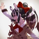  animal_ear_fluff animal_ears arm_up blue_eyes bow bowtie breasts commentary_request extra_ears from_side hair_bow hand_up highres kemono_friends long_hair multicolored_hair open_mouth plaid plaid_skirt profile quagga_(kemono_friends) realistic red_bow school_uniform skirt solo tail takami_masahiro two-tone_hair upper_body zebra_ears 
