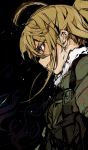  absurdres ahoge blonde_hair blue_eyes commentary english_commentary flat_color from_side fur_trim green_jacket highres hiranko jacket messy_hair parted_lips profile protected_link sketch solo tanya_degurechaff upper_body vest youjo_senki 