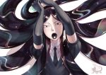  black_eyes black_gloves black_hair black_neckwear black_tongue bort commentary_request elbow_gloves eyebrows gem_uniform_(houseki_no_kuni) gloves hertro highres houseki_no_kuni long_hair looking_at_viewer necktie open_mouth short_sleeves solo tongue tongue_out 