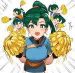  1girl absurdres blush breasts cheerleader commentary dress fire_emblem fire_emblem:_rekka_no_ken fire_emblem_heroes gloves green_eyes green_hair high_ponytail highres jewelry large_breasts long_hair looking_at_viewer lyndis_(fire_emblem) ormille pom_poms ponytail simple_background smile solo very_long_hair 
