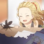  &gt;_&lt; bare_shoulders blonde_hair blush closed_eyes collarbone doremi dreaming fang flat_chest futon hair_ornament hair_scrunchie happy highres idolmaster idolmaster_cinderella_girls jougasaki_rika long_hair lying on_back open_mouth orange_scrunchie paper pillow rhinoceros_beetle scrunchie sleeping smile stuffed_animal stuffed_rhinoceros_beetle stuffed_toy sweat 