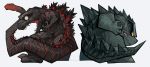  chibi claws clenched_teeth dual_persona fangs godzilla godzilla_(2014) godzilla_(series) head_down kaijuu koroguchi looking_to_the_side monster open_mouth scales shin_godzilla simple_background spikes spines tail teeth very_long_tail wide-eyed yellow_eyes 