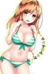  bare_arms bare_shoulders bikini blush breasts cleavage clover collarbone eyebrows_visible_through_hair four-leaf_clover front-tie_bikini front-tie_top furrowed_eyebrows green_bikini groin hair_between_eyes hair_ornament hairclip hakusai_ponzu hands_up large_breasts long_hair looking_at_viewer navel open_mouth orange_hair original side-tie_bikini solo straight_hair striped striped_bikini swimsuit yellow_eyes 