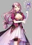  :d bangs breasts brown_eyes cleavage copyright_name dress earrings elbow_gloves flower gloves grey_background hair_flower hair_ornament holding holding_wand jewelry large_breasts long_hair momoshiki_tsubaki official_art open_mouth puffy_short_sleeves puffy_sleeves purple_hair short_sleeves simple_background smile soul_reverse_zero standing thigh_strap wand white_gloves 