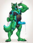  2018 4_toes 5_fingers animal_genitalia animal_penis anthro balls biceps black_fur blue_fur blue_penis blue_tongue canine canine_penis erection frenum_ladder frenum_piercing fur genital_piercing green_fur kihu male malihus mammal multicolored_fur muscular muscular_male navel nipples nude pecs penis penis_piercing piercing precum simple_background solo spiral_eyes standing toes tongue tongue_out towel white_background wolf 