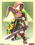  &lt;3 bottomless buckteeth clothed clothing fluffy fur hat holding_object holding_weapon lagomorph link link_(rabbit_form) long_ears male mammal melee_weapon metalhanzo nintendo pink_fur rabbit red_eyes shield solo sword teeth the_legend_of_zelda triforce video_games weapon 