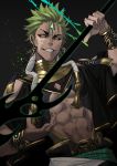  abs black_background commentary_request dark_skin dutch_angle earrings egyptian facial_mark fingernails forehead_mark gold_trim green_hair hand_up highres holding holding_weapon jewelry looking_at_viewer male_focus navel original sharp_fingernails sharp_teeth smile sobek solo standing teeth upper_body weapon westxost_(68monkey) yellow_eyes 