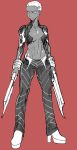  archer boots bracelet breasts dark_skin dual_wielding emiya_alter fate/grand_order fate_(series) female full_body genderswap genderswap_(mtf) greyscale high_heels holding jewelry kbtmsboy monochrome pants red_background short_hair simple_background solo spot_color topless very_short_hair white_hair 