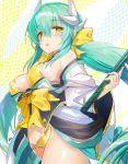  :d aqua_hair bare_shoulders bikini blush bow breasts cleavage dragon_horns eyebrows_visible_through_hair fate/grand_order fate_(series) hair_between_eyes hair_bow hayama_eishi highres horns japanese_clothes kimono kiyohime_(fate/grand_order) kiyohime_(swimsuit_lancer)_(fate) large_breasts long_hair long_sleeves looking_at_viewer open_mouth polearm short_kimono sketch smile solo swimsuit very_long_hair weapon wide_sleeves yellow_bikini yellow_bow yellow_eyes 