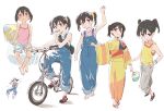  arm_up bag bandaged_leg bandages bare_arms bare_legs bare_shoulders barefoot bicycle commentary_request fan food from_above full_body ground_vehicle hair_ornament hair_scrunchie hand_on_own_thigh holding holding_fan japanese_clothes kimono kuraue_hinata looking_at_viewer matsuo_yuusuke multiple_views overalls paper_fan pillow popsicle riding scrunchie shorts shoulder_bag smile sweat tan tank_top tanline twintails uchiwa v white_background yama_no_susume yukata zouri 