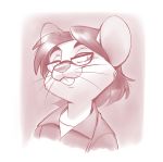 absurd_res anthro buckteeth clothed clothing eyewear glasses hair hi_res long_hair looking_aside male mammal monochrome mouse occam_(character) portrait red_theme redvelvetbat rodent smaller_version_at_source smile smirk smug solo teeth whiskers 