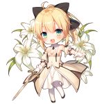  ahoge artoria_pendragon_(all) bangs bare_shoulders black_bow black_footwear blonde_hair blush bow breasts chibi commentary_request detached_collar detached_sleeves dress excalibur fate/grand_order fate/unlimited_codes fate_(series) flower full_body gloves green_eyes hair_between_eyes hair_bow holding holding_sword holding_weapon lily_(flower) long_hair looking_at_viewer open_mouth pantyhose ponytail puffy_detached_sleeves puffy_short_sleeves puffy_sleeves saber_lily short_sleeves simple_background small_breasts smile standing sword toosaka_asagi weapon white_background white_dress white_gloves white_legwear 