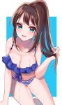  :d alternate_hairstyle arm_at_side bikini blue_bikini breasts brown_hair cleavage commentary_request eyebrows_visible_through_hair green_eyes hair_intakes hand_in_hair highres idolmaster idolmaster_cinderella_girls large_breasts long_hair looking_at_viewer misumi_(macaroni) navel open_mouth outside_border ponytail shibuya_rin sidelocks simple_background sitting smile solo swimsuit wet wet_hair 