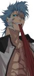  absurdres bleach blue_eyes blue_hair clenched_teeth commentary_request eating glowing glowing_eyes grimmjow_jaegerjaquez highres jacket looking_at_viewer male_focus mask open_clothes open_jacket scar smile solo teeth upper_body westxost_(68monkey) white_background white_jacket 
