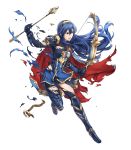  armor armored_boots arrow bangs blue_eyes blue_hair boots bow_(weapon) breastplate broken_armor cape fire_emblem fire_emblem:_kakusei fire_emblem_heroes full_body gauntlets highres holding holding_bow_(weapon) holding_weapon jewelry leg_up long_hair looking_away lucina non-web_source official_art open_mouth scar shiny shiny_hair shoulder_armor shoulder_pads solo torn_cape torn_clothes transparent_background weapon yamada_koutarou 