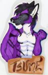  4_fingers badge black_hair canine clothed clothing ear_piercing eyeless fur grin hair happy highlights invalid_color mammal muscular nude piercing purple_fur purple_highlights rainbow_tattoo smile tattoo topless tsume_yifu wolf 