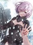  armored_leotard bangs black_gloves black_leotard blood breasts cleavage command_spell commentary_request cuts elbow_gloves fate/grand_order fate_(series) fujimaru_ritsuka_(male) gloves grey_sky hair_over_one_eye hanakeda_(hanada_shiwo) hand_tattoo holding_shield injury large_breasts lavender_eyes lavender_hair leotard long_sleeves looking_at_viewer mash_kyrielight ortenaus outdoors shield short_hair smile snowing tears wind winter 