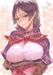  arm_under_breasts bangs bodysuit bracer breast_hold breasts closed_mouth commentary_request fate/grand_order fate_(series) large_breasts long_hair looking_at_viewer minamoto_no_raikou_(fate/grand_order) pink_background pink_bodysuit puffy_sleeves purple_eyes purple_hair smile smug solo upper_body zakusi 