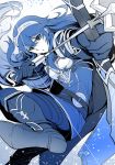  aiming armor arrow blue bow_(weapon) cape commentary_request fire_emblem fire_emblem:_kakusei fire_emblem_heroes gloves highres holding holding_weapon jewelry long_hair looking_at_viewer lucina monochrome nakabayashi_zun parted_lips solo tiara weapon 