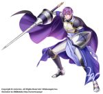  armor black_cape boots breastplate cape fighting_stance full_body greaves lance looking_at_viewer male_focus official_art paranai polearm purple_cape purple_eyes purple_hair shield shoulder_armor simple_background standing watermark weapon wii_hola 
