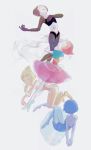  ;) arms_behind_back backless_outfit ballet_slippers blonde_hair blue_hair blue_pearl_(steven_universe) blue_skin bob_cut floating frills grey_background grey_hair hand_on_own_chest hands_clasped highres leotard looking_at_viewer midriff multiple_girls one_eye_closed own_hands_together pearl pearl_(steven_universe) rowa_(maro_kyrw) see-through short_hair simple_background smile spoilers steven_universe tears thighhighs white_pearl_(steven_universe) white_skin yellow_legwear yellow_pearl_(steven_universe) yellow_skin 