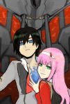  1girl bangs black_hair blue_eyes chest_scar commentary_request cookie9603 couple darling_in_the_franxx green_eyes hair_ornament hairband hand_on_another's_chest hetero hiro_(darling_in_the_franxx) horns long_hair long_sleeves looking_at_viewer mecha military military_uniform necktie oni_horns open_clothes open_shirt pink_hair red_horns red_neckwear scar strelizia uniform white_hairband zero_two_(darling_in_the_franxx) 