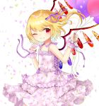  ;) alternate_costume arm_up balloon bangs bare_arms bare_shoulders blonde_hair cowboy_shot crystal dress eyebrows_visible_through_hair flandre_scarlet flat_chest floral_background floral_dress floral_print flower grin hair_between_eyes hair_blowing hair_ribbon holding holding_balloon layered_dress looking_at_viewer one_eye_closed petals red_eyes ribbon rose sakipsakip short_hair side_ponytail smile solo spaghetti_strap sundress swept_bangs touhou white_background wind wings wrist_cuffs wrist_ribbon 