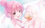  :d bad_id bad_twitter_id bath bathing bathtub blush copyright_request from_side hair_bun looking_at_viewer looking_to_the_side nude open_mouth pink_hair red_eyes rubber_duck smile solo vanilla_(miotanntann) 