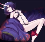  ankle_ribbon arched_soles bare_shoulders barefoot breasts eyeshadow fate/grand_order fate_(series) gem grey_background hair_ornament horns makeup misumi_(macaroni) navel oni oni_horns open_mouth purple_eyes purple_hair revealing_clothes ribbon short_hair shuten_douji_(fate/grand_order) simple_background small_breasts 