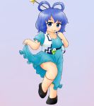  :p belt black_footwear blue_dress blue_eyes blue_hair chibi commentary_request dress drill_hair eyebrows_visible_through_hair finger_to_cheek flower grey_background hair_between_eyes hair_ornament hair_rings hair_stick kaku_seiga leg_lift leg_ribbon looking_at_viewer puffy_short_sleeves puffy_sleeves ribbon shawl short_hair short_sleeves simple_background skirt_hold solo standing standing_on_one_leg tongue tongue_out touhou twin_drills yukimuro 