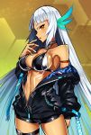  armband ass_visible_through_thighs azur_lane bangs bare_shoulders black_bikini_top black_choker black_jacket breasts choker cleavage cowboy_shot dark_skin eyebrows_visible_through_hair facial_mark feathers fingernails forehead_mark hair_feathers halter_top halterneck hand_up highres jacket large_breasts long_hair massachusetts_(azur_lane) nail_polish native_american navel off_shoulder open_clothes open_jacket open_mouth orange_eyes parted_bangs samael_(5211) solo straight_hair thigh_strap very_long_hair white_hair white_nails 