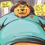  &lt;3 2018 anthro belly black_nose brown_hair clothed clothing dramamine drooling english_text facial_hair feline goatee hair imminent_vore lion looking_down male male_pred mammal overweight overweight_male saliva shirt solo speech_bubble spiral_eyes text vore 
