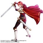  :o belt black_pants cape fighting_stance fingerless_gloves gloves knee_pads looking_at_viewer male_focus official_art pants paranai red_cape red_eyes red_gloves red_hair sheath shoulder_armor sword weapon white_footwear wii_hola 