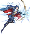  aiming armor armored_boots arrow bangs belt blue_eyes blue_hair boots bow_(weapon) breastplate cape fire_emblem fire_emblem:_kakusei fire_emblem_heroes full_body gauntlets highres holding holding_bow_(weapon) holding_weapon jewelry long_hair looking_away lucina non-web_source official_art open_mouth shiny shiny_hair shoulder_armor shoulder_pads solo transparent_background weapon yamada_koutarou 