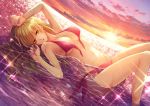  beach bikini blonde_hair breasts cleavage fire_emblem fire_emblem:_seisen_no_keifu fire_emblem_heroes lachesis_(fire_emblem) large_breasts lips long_hair looking_at_viewer lying navel ocean outdoors partially_submerged sand sidelocks sky solo sunset swimsuit thighs tori_ko yellow_eyes 