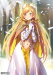  arch bangs blonde_hair blue_eyes blush dress gloves hands_together hands_up interlocked_fingers long_hair navel navel_cutout official_art parted_bangs pop_kyun solo standing very_long_hair watermark white_dress white_feathers white_gloves wonderland_wars yellow_cape 