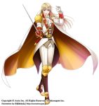  belt blonde_hair blue_eyes brown_footwear brown_vest cape cravat full_body gloves hand_up knee_pads knife long_hair male_focus official_art pants paranai rapier sheath sheathed shoulder_armor simple_background standing sword vest watermark weapon white_cape white_gloves white_neckwear white_pants wii_hola yellow_cape 