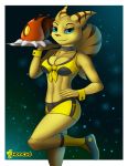  alien angela_cross anthro blue_eyes breasts cleavage clothed clothing feline female food fully_clothed fur holding_object ionic44 lombax looking_at_viewer mammal ratchet_and_clank shirt shorts smile solo striped_fur stripes tank_top video_games voluptuous waiter 