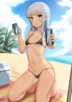 absurdres bangs barefoot beach bikini black_bikini blue_eyes blue_hair blue_sky blunt_bangs can cloud collarbone commentary_request cooler day foreshortening hatsukaze_(kantai_collection) highres kantai_collection kneeling looking_at_viewer navel outdoors shade sky soda_can solo soushou_nin swimsuit 