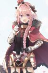  :d astolfo_(fate) bangs belt black_bow black_legwear black_ribbon black_shirt blue_sky blush bow braid buckle cherry_blossoms cloud commentary cowboy_shot crown eyebrows_visible_through_hair fang fate/apocrypha fate_(series) faulds fur-trimmed_cloak fur_collar garter_straps gauntlets gold_trim hair_between_eyes hair_bow hair_intakes hair_over_shoulder hair_ribbon hand_on_hip hand_up highres kusumoto_touka long_hair looking_at_viewer male_focus mini_crown multicolored_hair open_mouth otoko_no_ko petals pink_hair purple_eyes red_belt red_cloak ribbon shiny shiny_hair shirt single_braid sky smile solo sparkle standing streaked_hair thighhighs tilted_headwear white_hair wind 