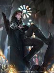  artist_name boots candle cape copyright_name crossed_arms highres legend_of_the_cryptids long_hair male_focus official_art sitting solo window zinnadu 
