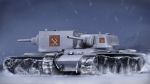  commentary_request emblem girls_und_panzer ground_vehicle highres kv-1 kv-2 military military_vehicle motor_vehicle no_humans pravda_(emblem) sky snow snowing tank tsubasa_(abchipika) 